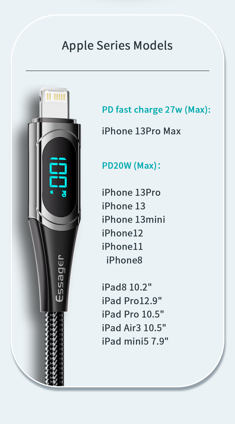 ESSAGER ES-X15 PD 20W Type-C for Lightning Cable Fast Charging Data Transmission TPE Core Line 1M/2M Long for iPhone13 13 Pro 13 Pro Max for iPhone14 Pro Max for iPad