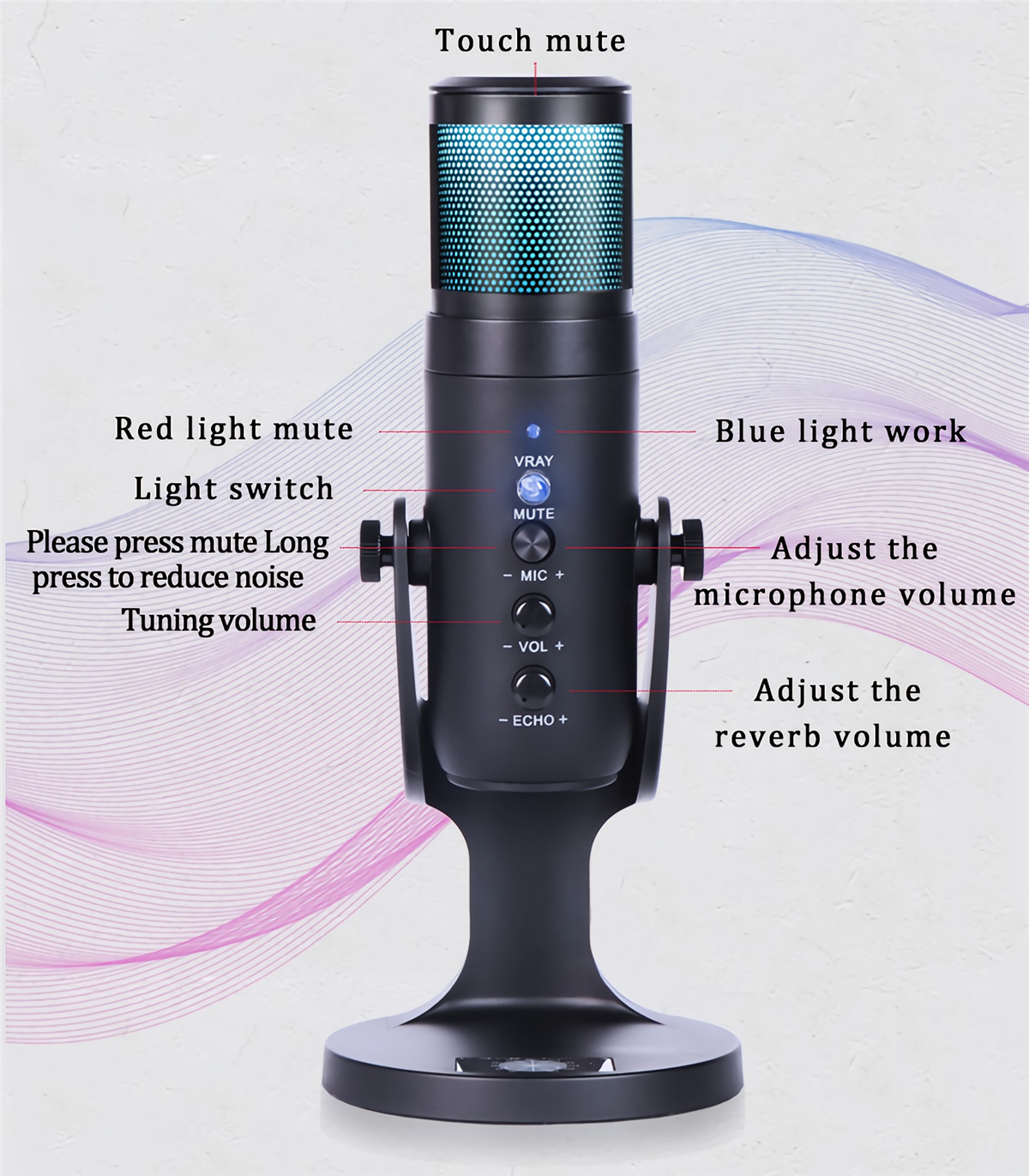 JD-950 USB Microphone Stand Gaming Live Streaming RGB Light Condenser Microphone for Recording PC Computer
