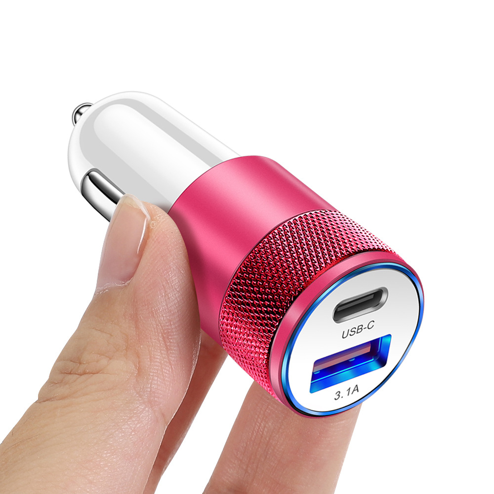 15W 2-Port USB PD Car Charger Adapter USB-A+USB-C PD Fast Charging with Blue LED for iPhone 12 13 14 14Pro 14 Pro Max for Huawei Mate50 for Samsung Galaxy S23 for Oppo Reno9