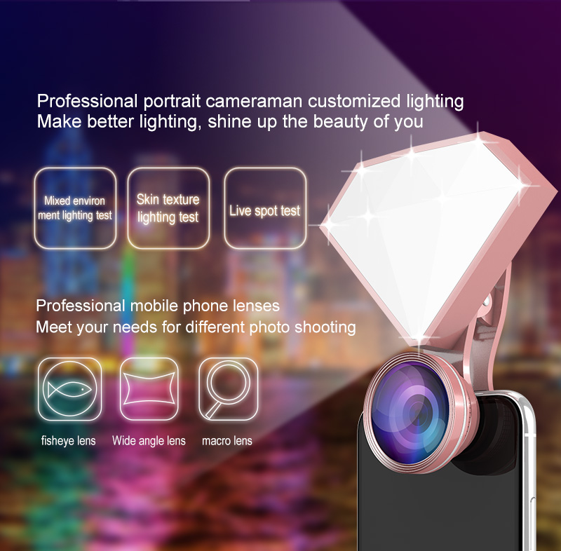 RK30 Mini LED Selfie Flash Light With Camera Lens Fisheye/Macro/Wide Angle Lens 4600K Cell Phone Fill Light Warm+Cold Lights