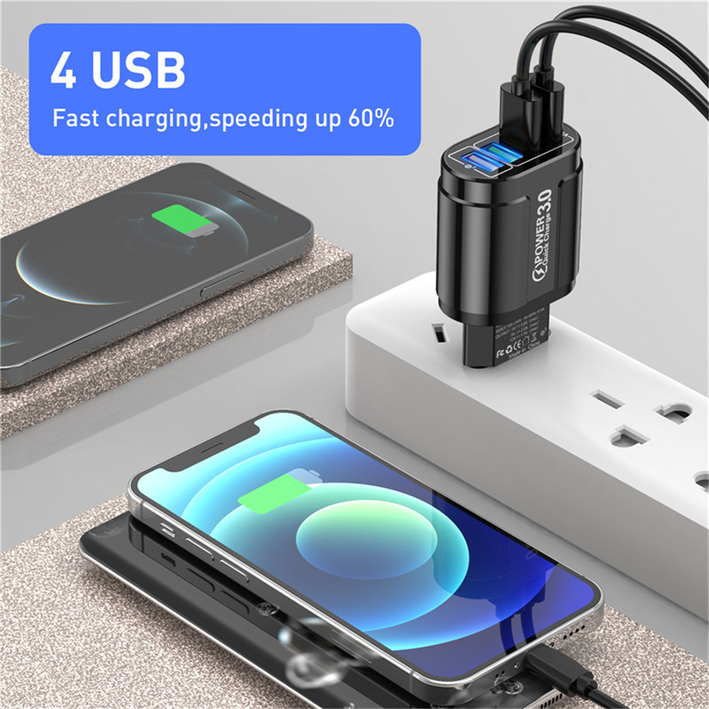 USLION 48W 4 USB Ports QC 3.0 Fast Charger Wall Travel Charging EU Plug/US Plug Adapter For iPhone 14 14 Plus 14 Pro Max for iPad Pro For Samsung Galaxy S22 Ultra Galaxy Z Flip 4 For Xiaomi Mi 12T Redmi Note 12 Huawei P50