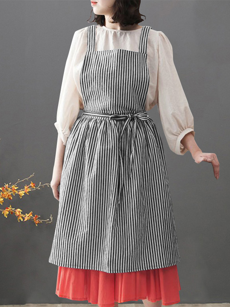 Women Japanese Style Stripe Back Cross Loose Pinafore Vintage Apron Dress