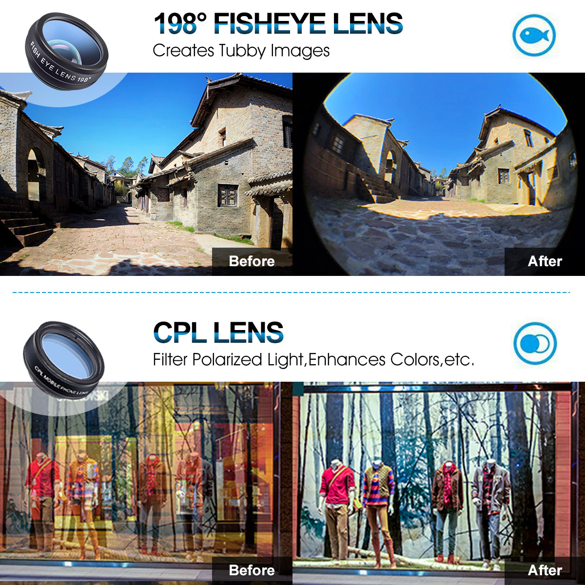 Hizek 10 in 1 Phone Lens Kit Macro Lens Wide Angle Lens Fisheye Lens Telephoto Lens CPL Flow Radial Star Filter Kaleidoscope 3/6 Lens For Smartphones