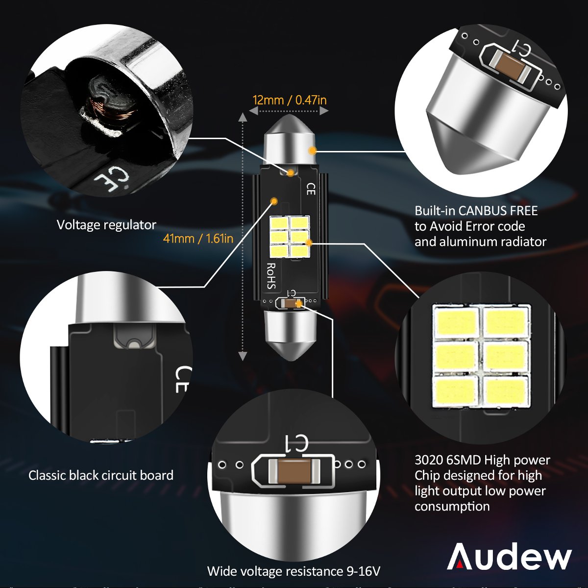 Audew 16PCS T10 C5W T15/912/921 LED Canbus Car Dome Interior Map Light License Plate Lamp