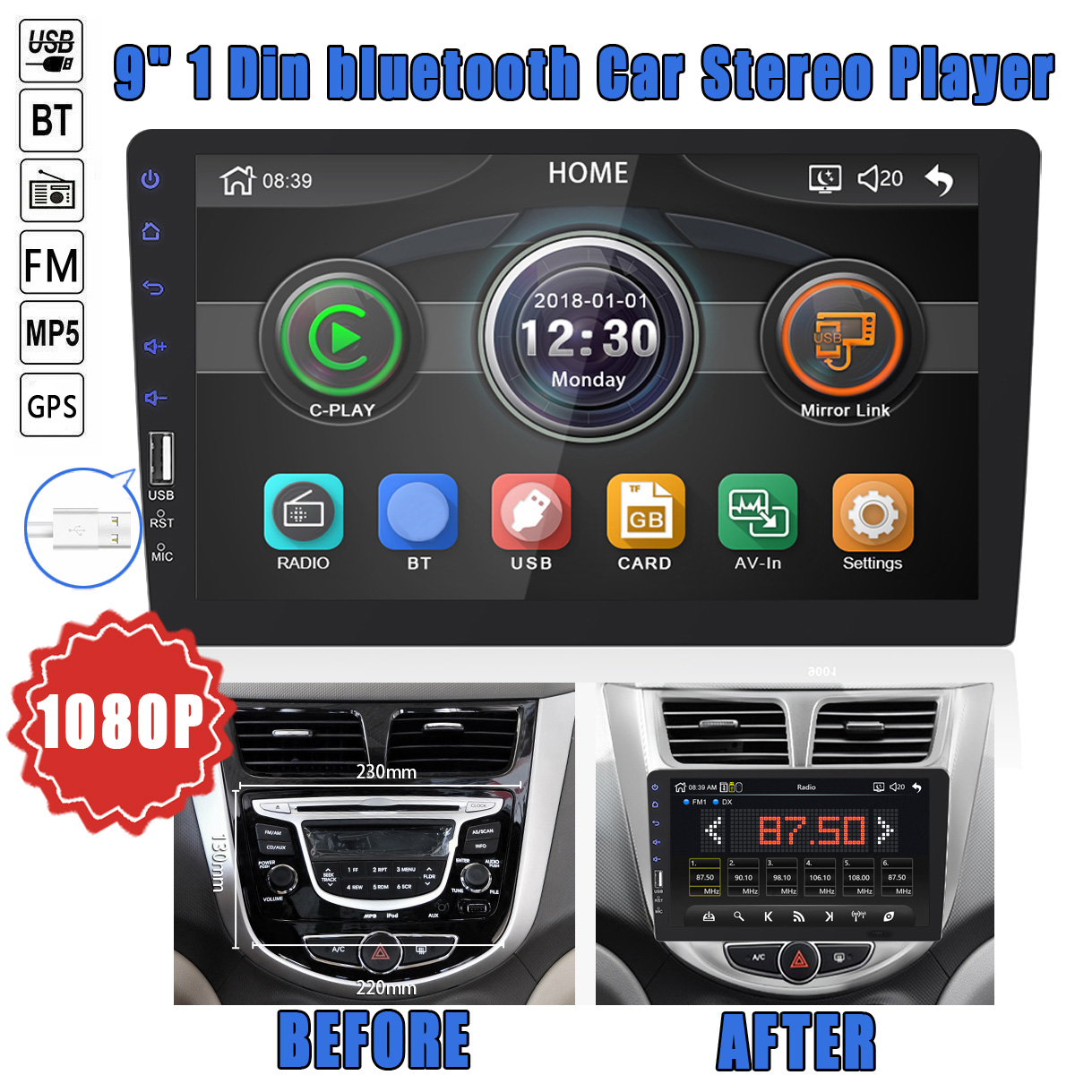 New 9008 9 Inch Single 1 Din Car MP5 Player Stereo Radio FM bluetooth