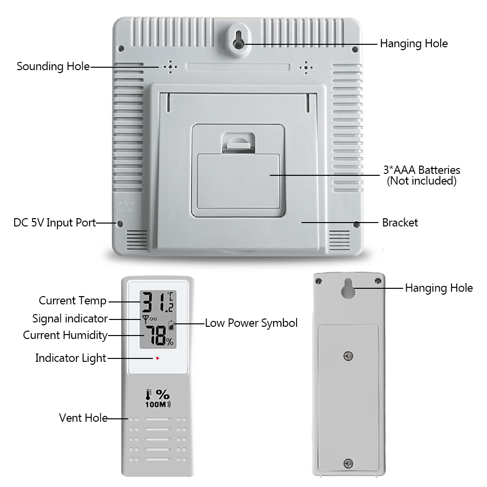 3 Sensors Wireless Digital Alarm Thermometer Indoor Outdoor Audible Indicator 19
