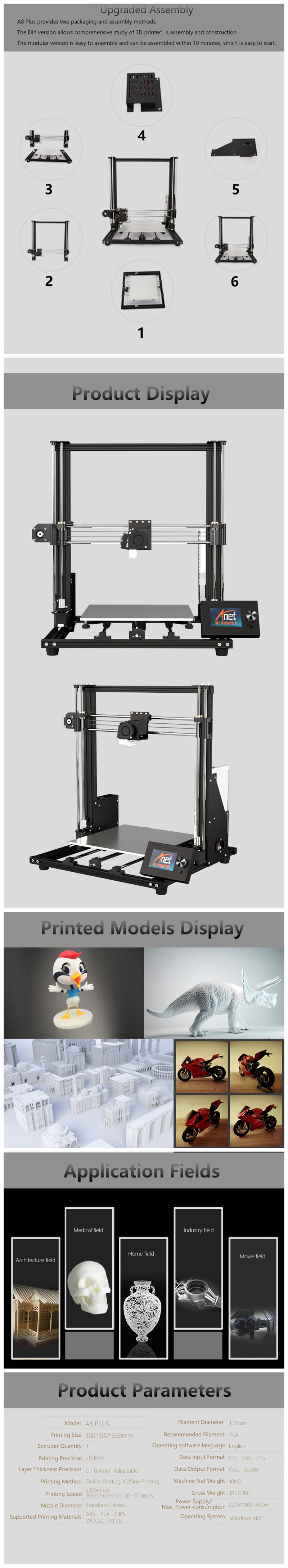 Anet® A8 Plus DIY 3D Printer Kit 300*300*350mm Printing Size With Magnetic Movable Screen/Dual Z-axis Support Belt Adjustment 10