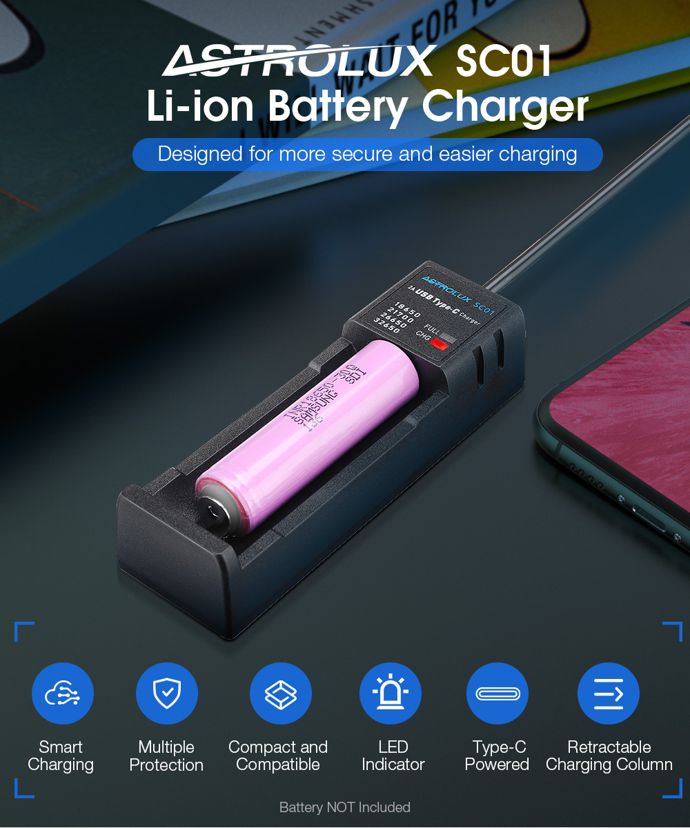 Astrolux® SC01 Type-C 2A Quick Charge USB Battery Charger Li-ion/IMR/INR/ICR Charger For 18650 20700 21700 26650 Cell