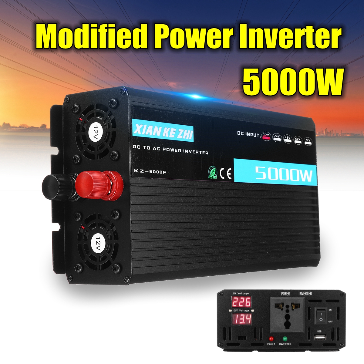 Dual Display Intelligent 5000W Modified Power Inverter 12/24/48/60/72V TO 220V LED Display Power Converter Multi Protaction