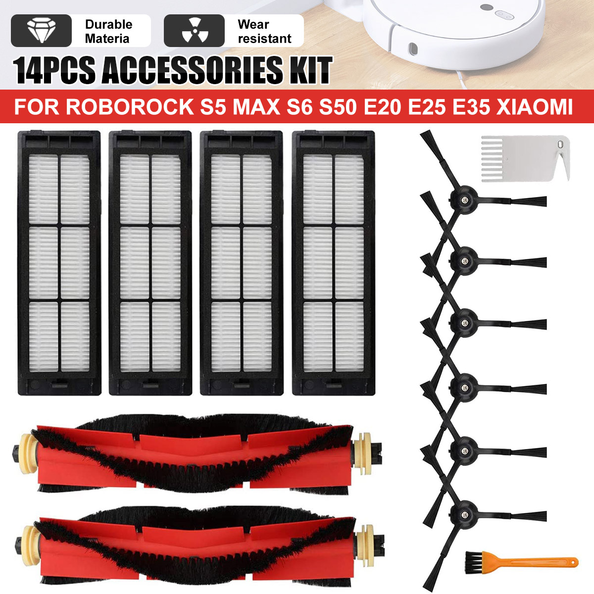 12pcs Replacements for Roborock S5 MAX S6 S50 E20 E25 E35 Xiaomi Mijia Vacuum Cleaner Parts Accessories Main Brush*2 Side Brush*6 Filter*4  [Not-original]