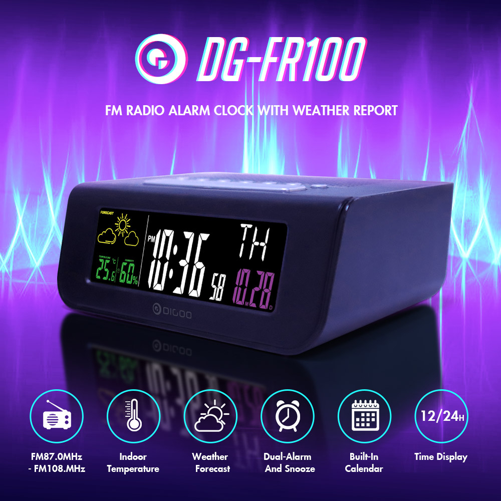 Digoo DG-FR100 SmartSet Wireless Digital Alarm Clock Weather Forecast Sleep with FM Radio Clock 