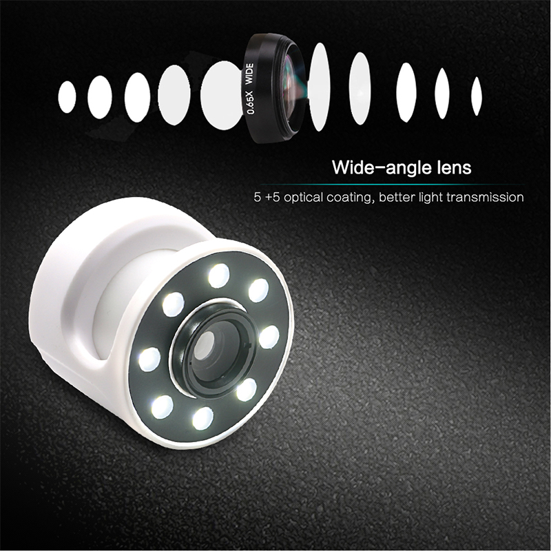 XJ-08 Clip-on 0.65X Wide Angle Fish Eyes Lens Selfie Fill light 8 LED Bulbs for Iphone Samsung