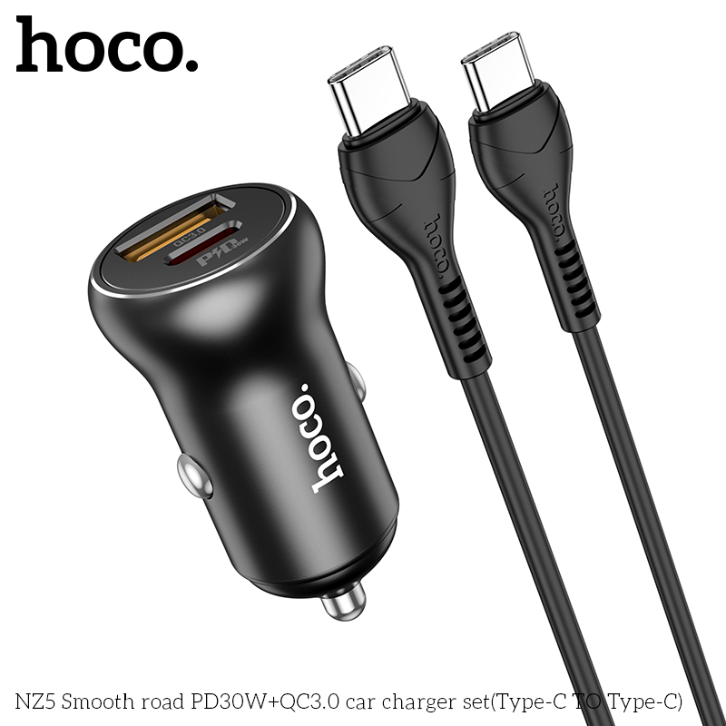 HOCO NZ5 PD 30W QC 3.0 Dual Port USB + Type-C Fast Charging Car Charger Adapter with 1M Type-C to Type-C Cable For iPhone 11 12 13 14 14 Plus 14 Pro Max For Samsung Galaxy S22 S22 Ultra Galaxy Z Flip 4 For Xiaomi Mi 12T Redmi Note 12 Huawei P50