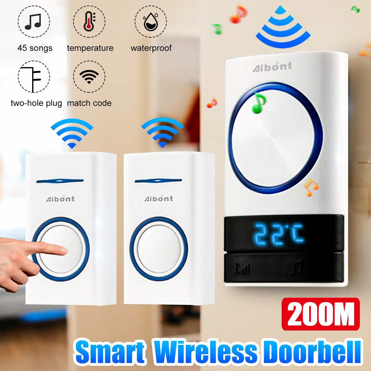Smart Wireless Doorbell 45 Songs Polyphonic Ringtones & 200m Transmission