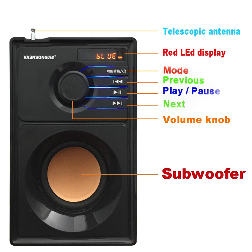 VAENSON A10 Portable Wireless Bluetooth Speaker USB Column MP3 Play FM Radio Stereo Subwoofer 48