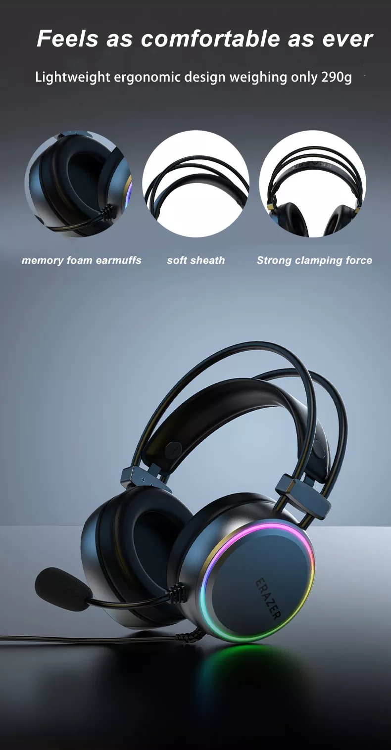 Lenovo H3 Gaming Wired Headphone 50mm Dynamic Driver 7.1 Surround Sound RGB Light ENC Noise Cancelling 0.29KG Lightweight Headset