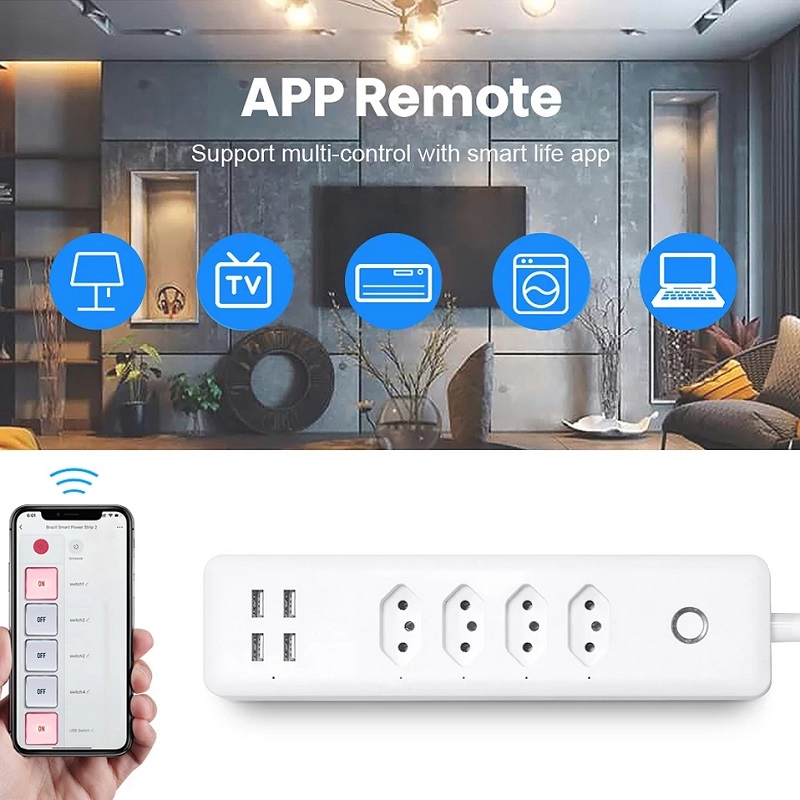RSH Tuya Brazil WiFi Smart Power Strip with 4 Outlets 4USB Ports 1.4m Extension Cord Voice works with Alexa Google Home