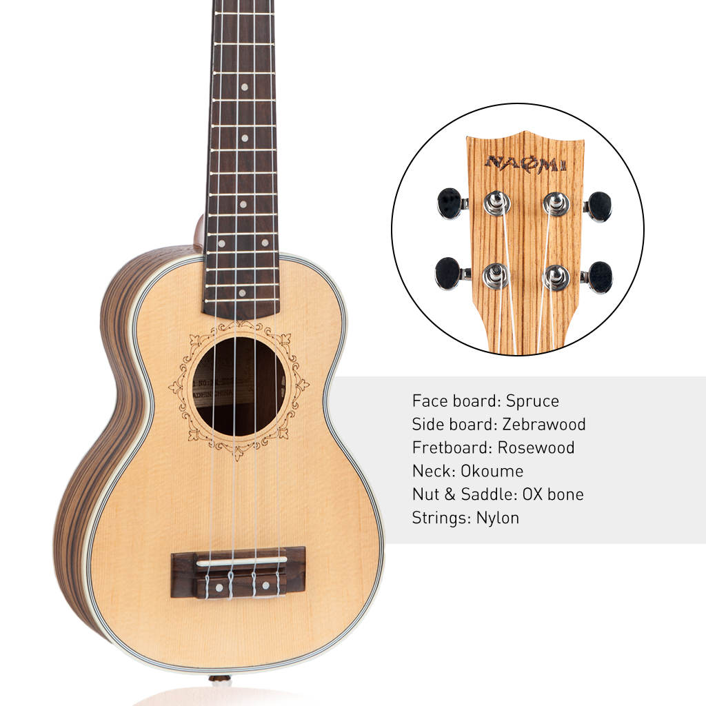NAOMI 21 Inch Ukulele Solid Spruce Top Zebrawood Back Zebrawood Ukulele 4 String Hawaii Guitar Soprano Ukulele - Photo: 2