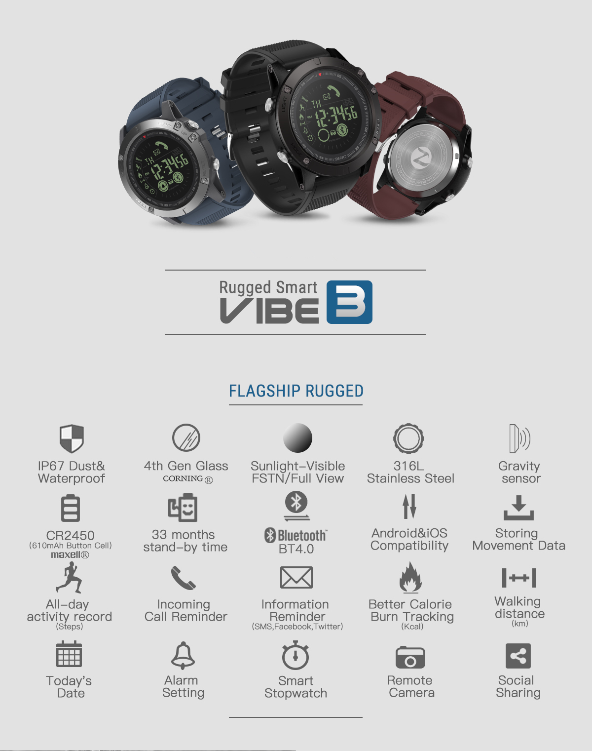 Zeblaze VIBE 3 Flagship Rugged All-day Activity Record Sport 33 Month Long Standby Smart Watch 21
