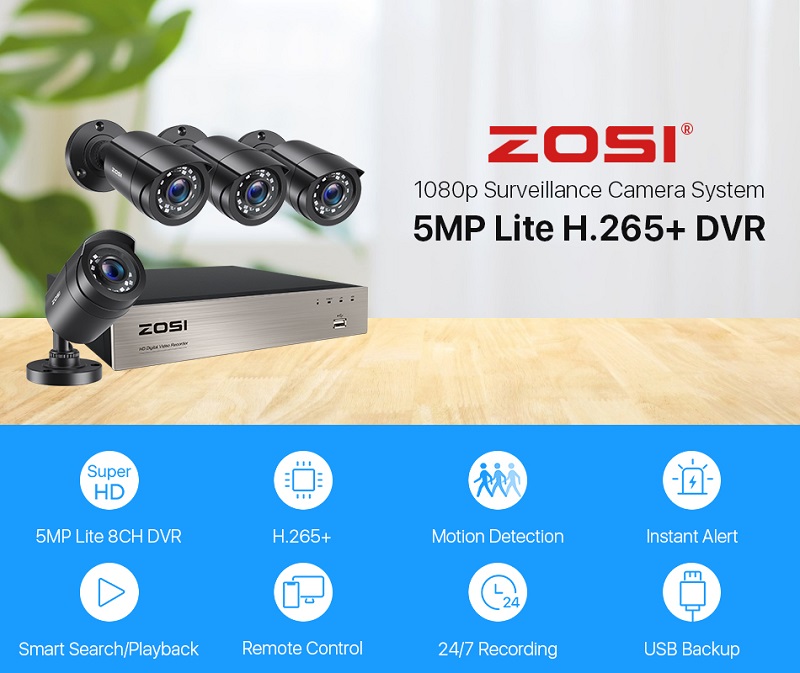 ZOSI C106 8CH Video DVR + 4PCS 2MP 1080P HD Coaxial Camera Set with Hard Drive Build-in 1T HDD Day/Night Home Video Surveillance System
