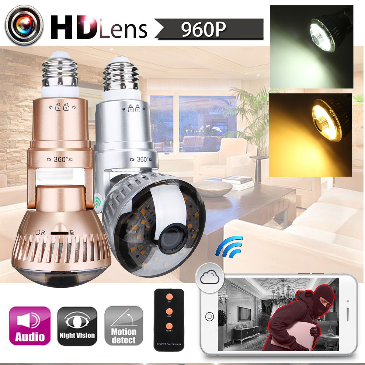 3.6mm Wireless Mirror Bulb Security Camera DVR WIFI LED Light IP Camera Motion Detection 