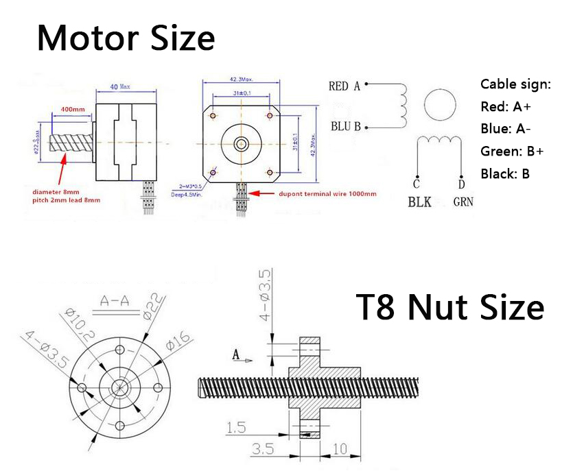 MYERZI Reinforcement Parts Monitoring Power Nema17 Stepper Motor 17HS4401-300 With Stainless Steel 8mm 300mm Lead Screw T8 Nut For 3D Printer CNC Machine 