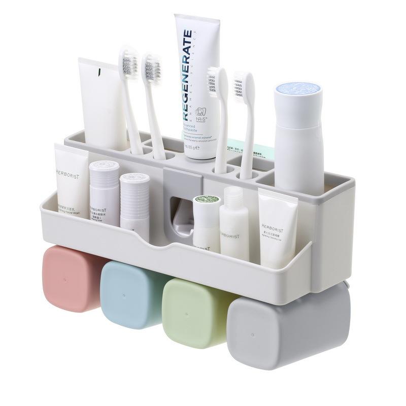 Toothbrush Holder Set Storage Suplies Save Space No Drill Wall Mount Toothpaste Dispenser Multi-Functional Slots Bathroom Strong Traceless Hander