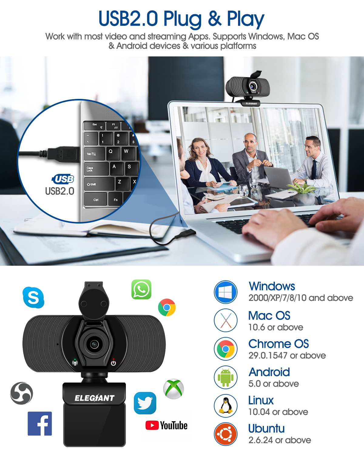 ELEGIANT EGC-C01 1080P HD Webcam with Privacy Cover Built-in Mic for Video Calls Conference Gaming USB Plug & Play for Windows for Mac OS Android