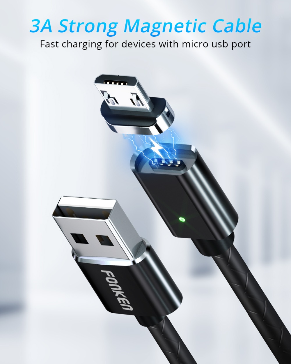 FONKEN 3A Micro USB Magnetic Fast Charging Data Cable For Oneplus HUAWEI P30 Nokia Android Phone