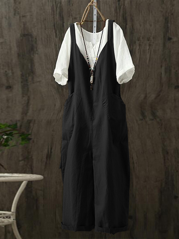 

Women Cotton Loose Solid Color Sleeveless V-Neck Jumpsuit