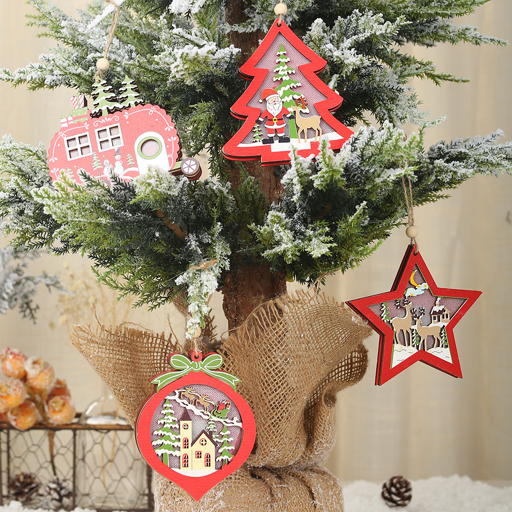 Merry Christmas Tree Wooden Light Hanging LED Fairy Ornament Decoration New Year Wedding Garland New Year Xmas Decor For Home