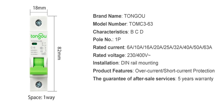 Tongou TOMG3-63 1P 3A-63A AC 110V/230V/400V C Type Household Air Switch Overload Short Circuit Protection Circuit Breaker