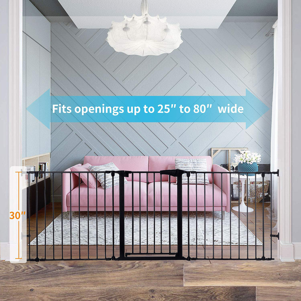 KINGSO White/Black Adjustable Auto Close Metal Baby Gate with Swing Door For Doorway Stairs