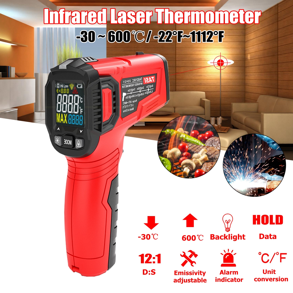 Color Display Thermometer -30℃~600℃ Infrared Thermometer Laser 13-point Measurement 