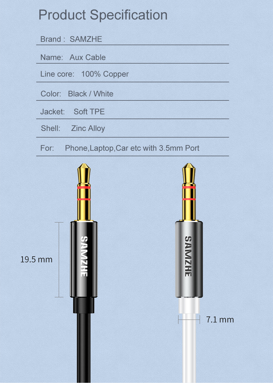 SAMZHE AUX Cable 3.5mm Audio Cable 3.5 mm Jack Speaker Cable for Headphone Laptop Music Player Phone