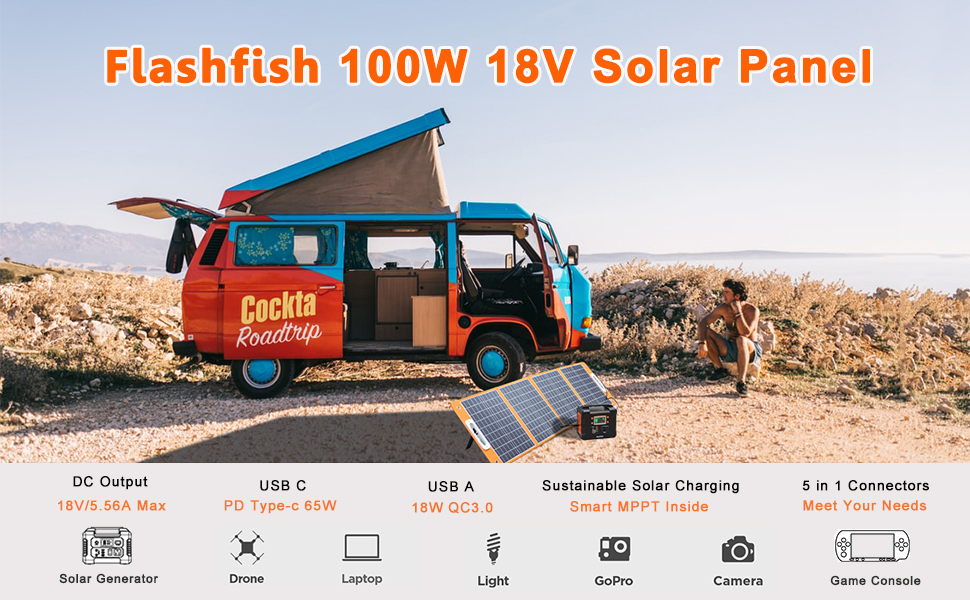 [US Direct] FlashFish 18V 100W Foldable Solar Panel Emergency Solar Charger With PD Type-c QC3.0 for Phones Tablets Camping Van RV Trip Power Outage