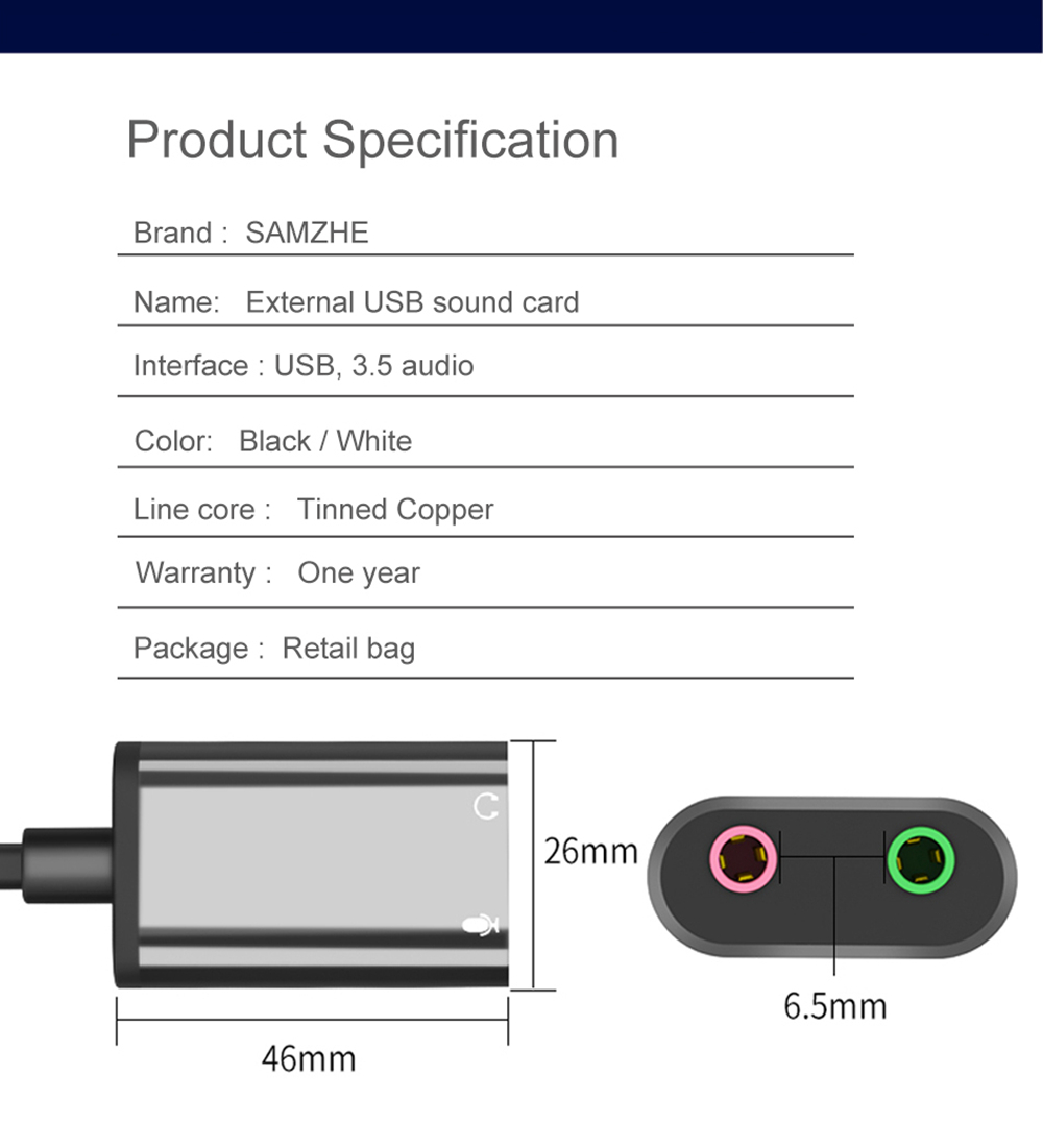 SAMZHE USB External Sound Card 3.5mm USB Adapter USB to Microphone Speaker Audio Interface for PS4 PC Laptop USB Sound Card