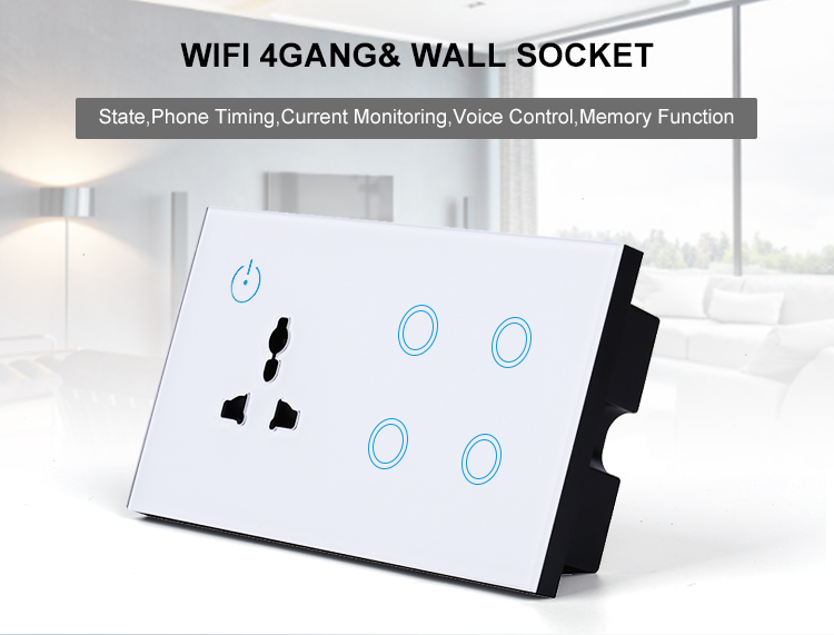 MAKEGOOD 147*86MM UK Standard Combination Switch Touch Glass Panel Smart WIFI 4gang Light Switch and Wall Socket Voice Control