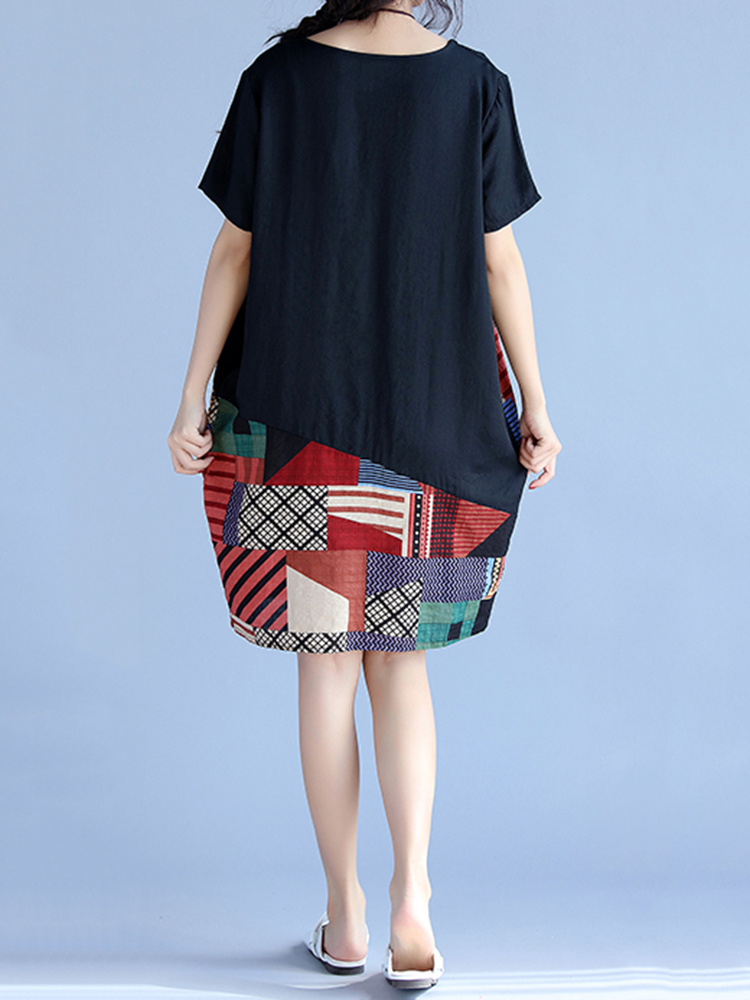 Gracila Women Short Sleeve Print Patchwork Loose Mini Dress