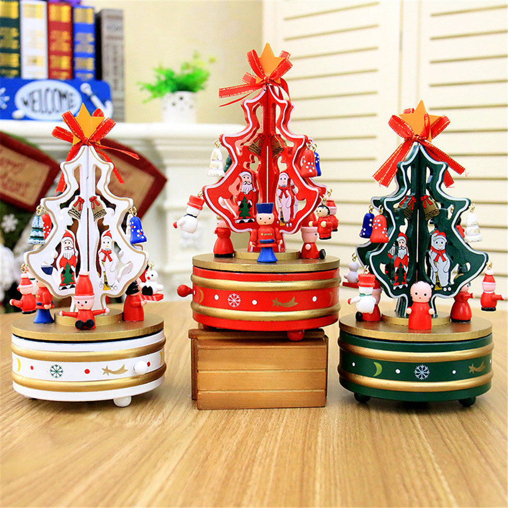 New 21*11cm Wooden Christmas Music Box Wind-up Toys Carousel Musical
