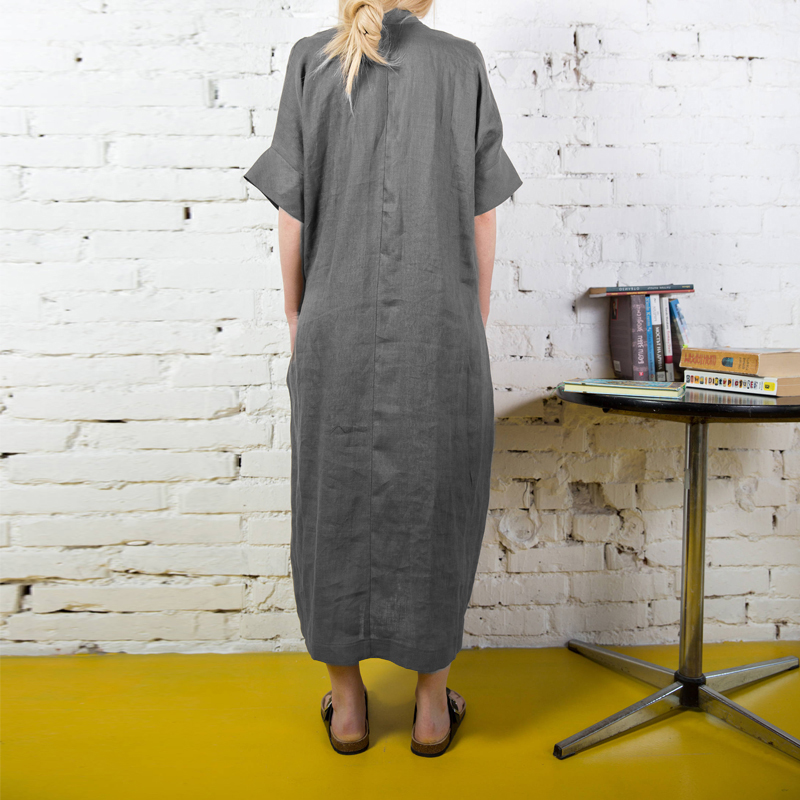 Women Short Sleeve Button Long Shirt Solid Color Maxi Dress