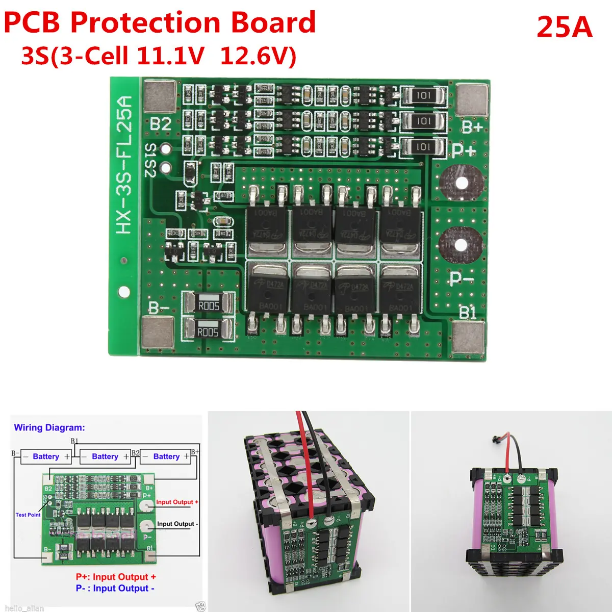 3S 11.1V 25A 18650 Li-ion Lithium Battery BMS Protection PCB Board With Balance Function