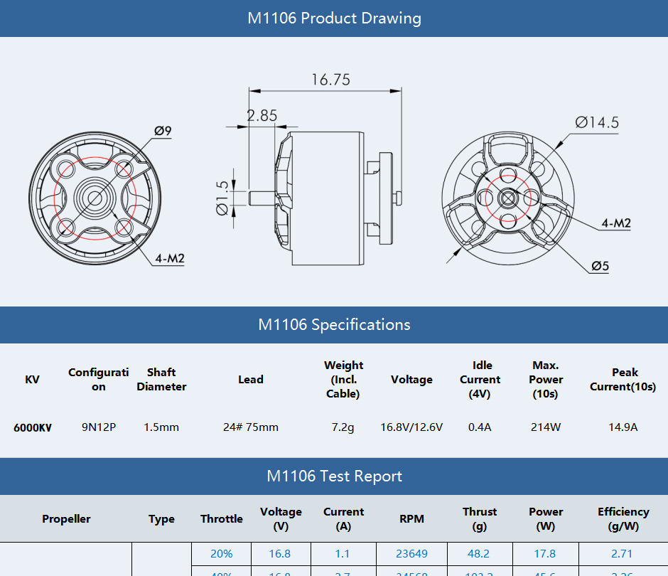 T-Motor M1106 1106 6000KV 3-4S Brushless Motor 1.5mm Shaft for 90mm-110mm RC Drone FPV Racing