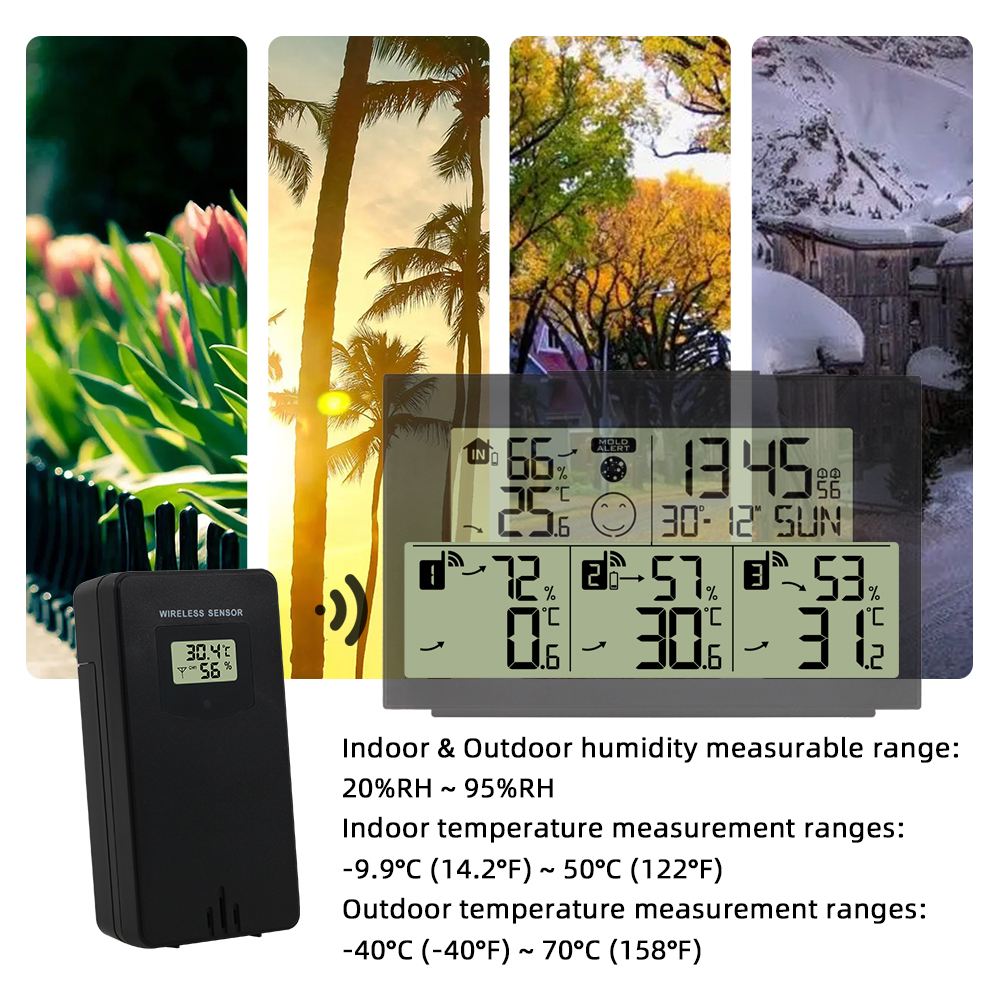 One for Three Digital Thermometer Hygrometer Alarm Clock Wireless Indoor Weather Station Dual Alarm Clock Electronic Calendar with 3 Wireless Sensor Home Temperature Humidity Sensor