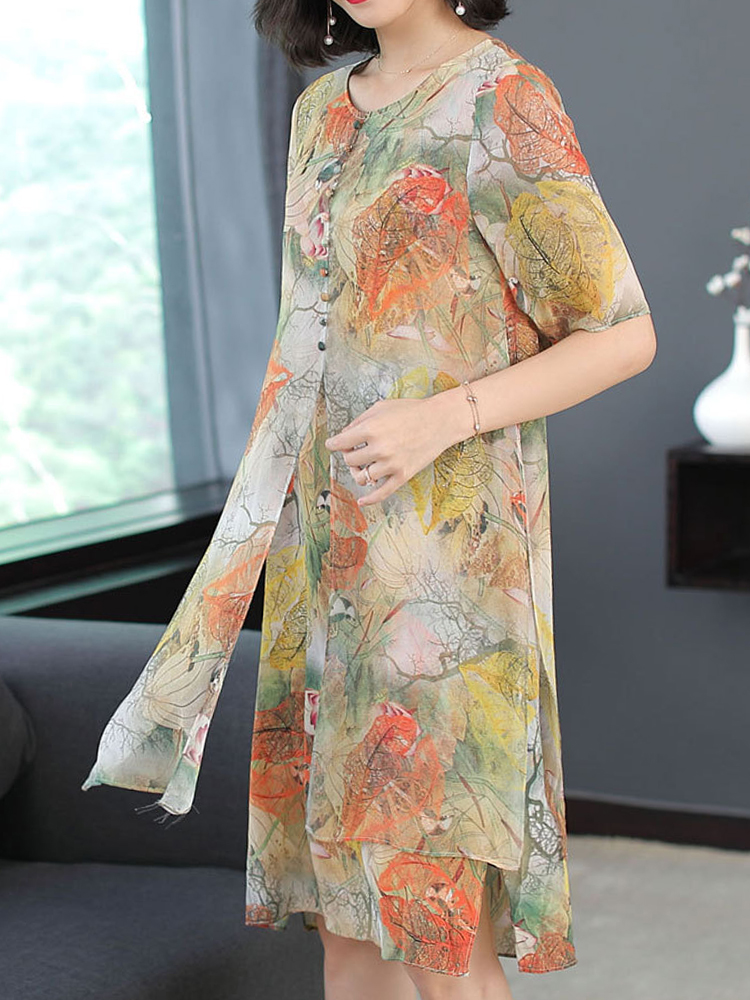 Elegant Floral Print O-neck Loose Layered Silk Vintage Dress