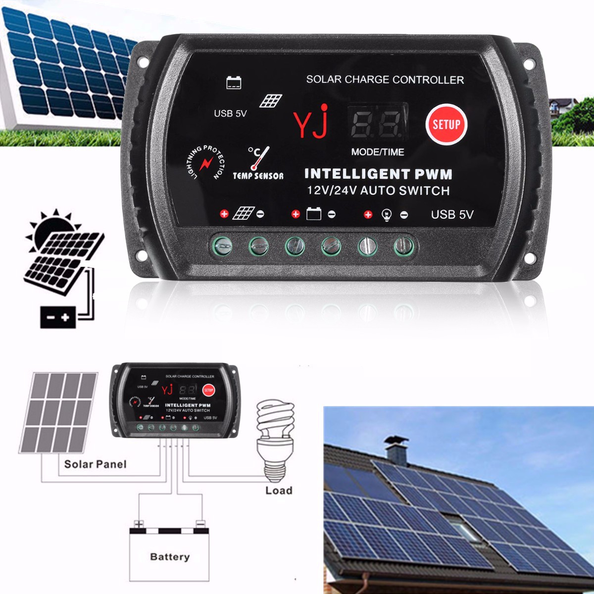  12/24V 10A Auto PWM Solar Panel Battery Regulator Charger Controller LED USB 5V