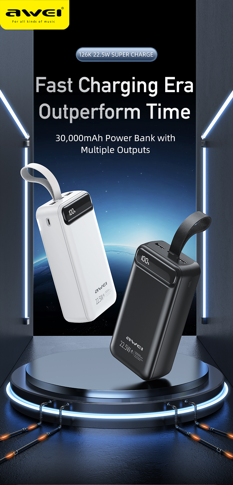 Awei P126K 22.5W 30000mAh Power Bank Digital Display Fast Charging External Battery Fast Charge Emergency Power Bank With Flashlight for iPhone 14 Pro Max for Xiaomi for Samsung