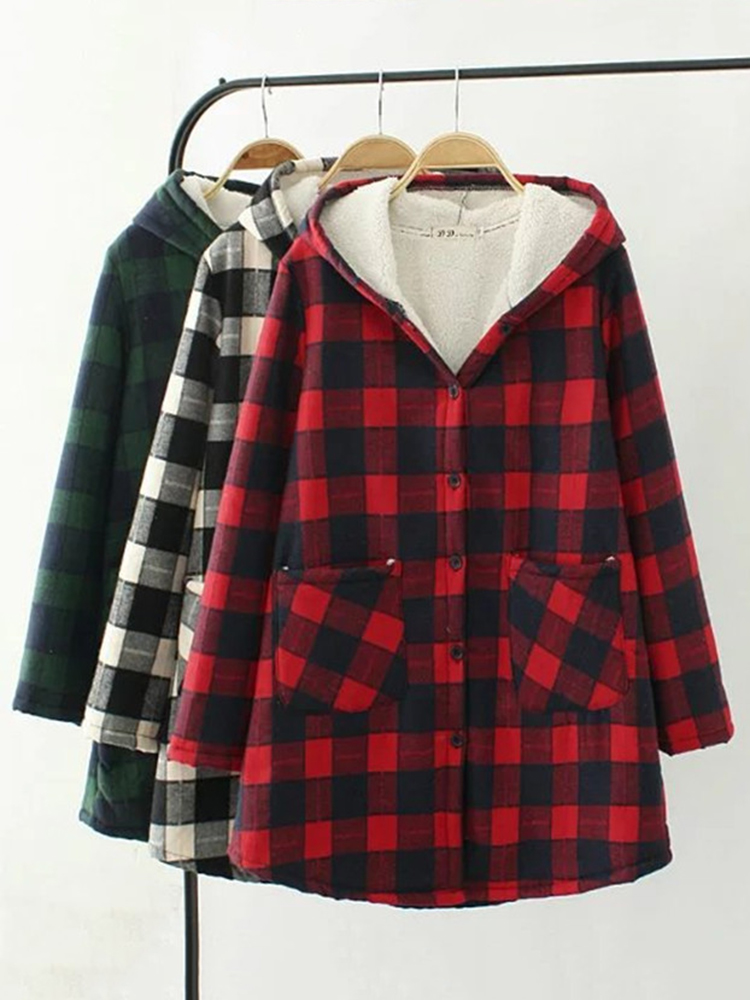 Women Casual Button Hooded Plaid Coats with Pocket