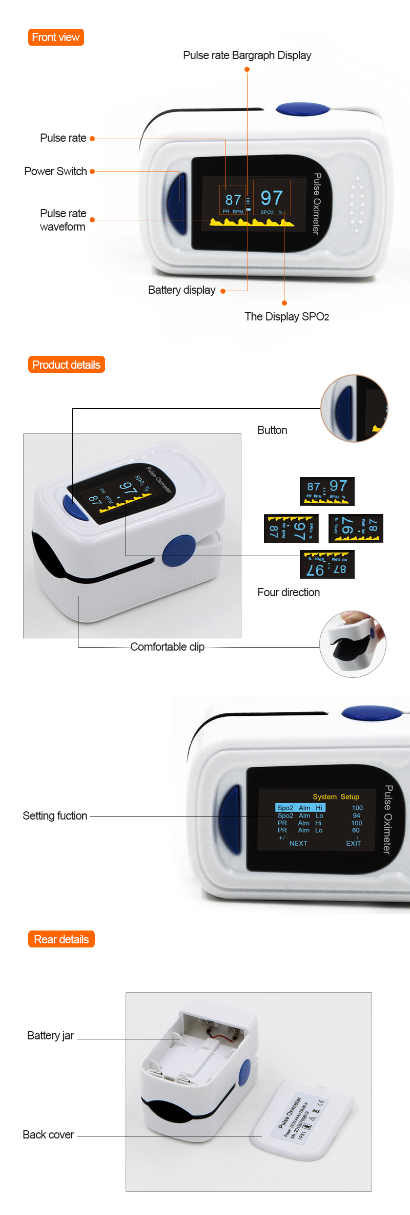 AS-303 Oxímetro de pulso de dedo OLED Saturação de oxigênio de sangue SPO2 Monitor de PR 