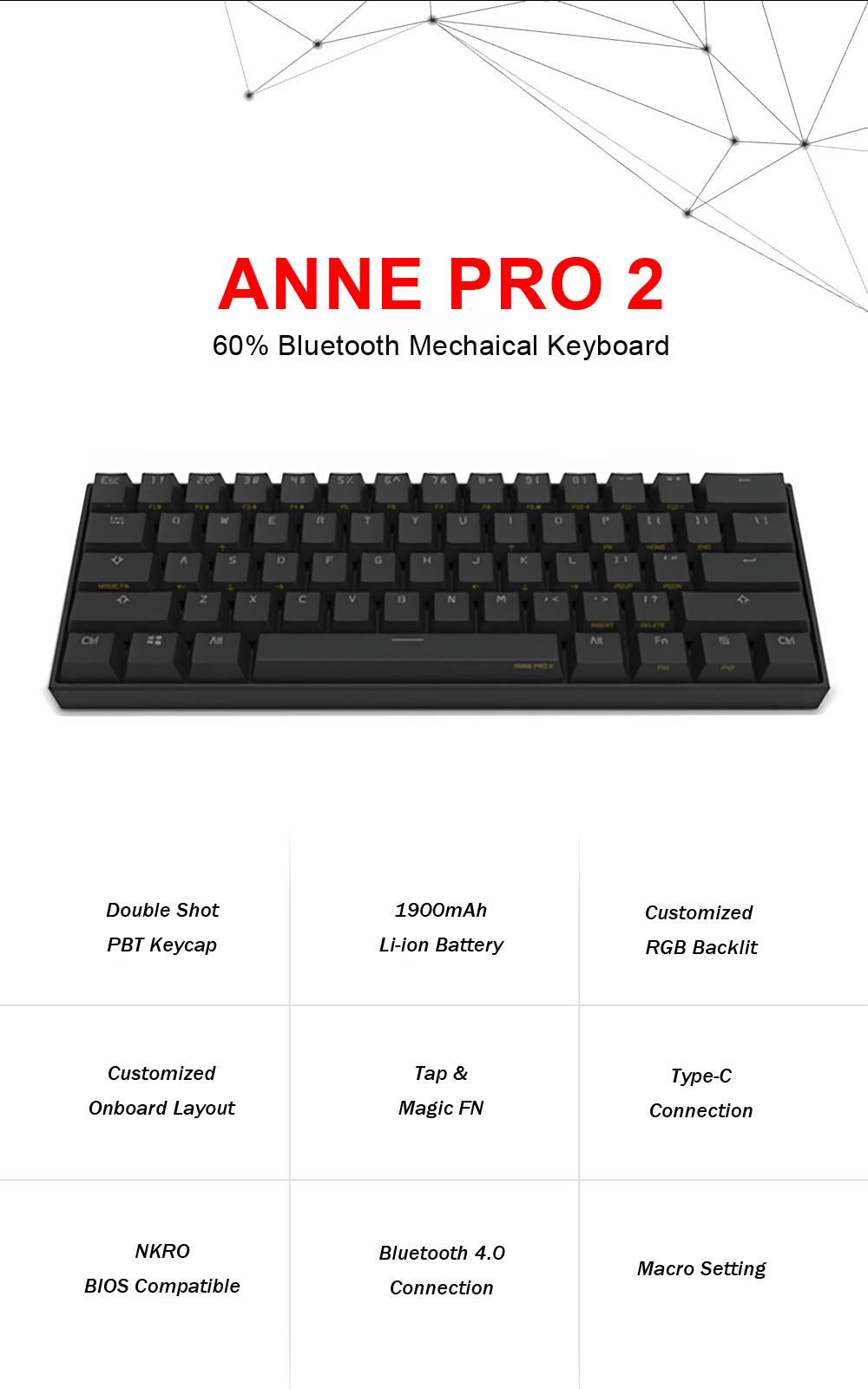 [Kailh BOX Switch]Obins Anne Pro 2 60% NKRO Bluetooth 4.0 Type-C RGB Mechanical Gaming Keyboard 11